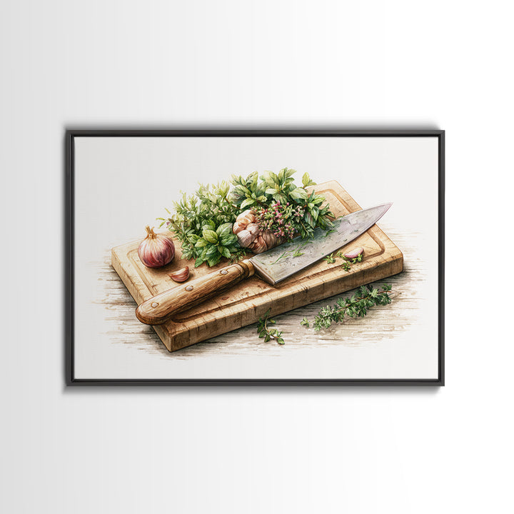 Chef Knife Herbs and Cutting Board Still Canvas Print, Restaurant Art, Boho Decor, Restaurant Decor, Oil Painting, Bistro, RES-3x2-89