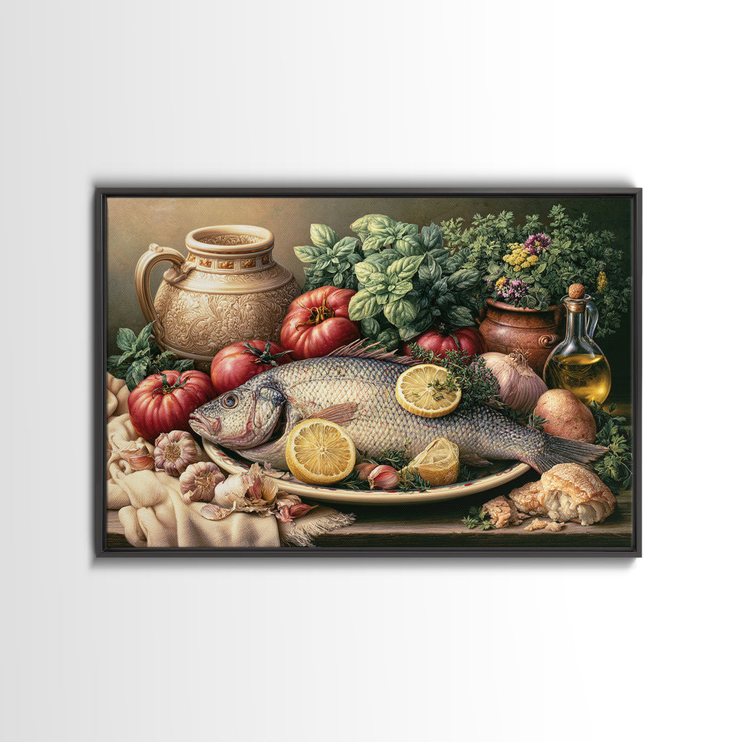 Fresh Fish with Lemon and Herbs Framed Canvas Print, Restaurant Art, Kitchen Decor, Restaurant Decor, Fine Art, Bistro, RES-3x2-99
