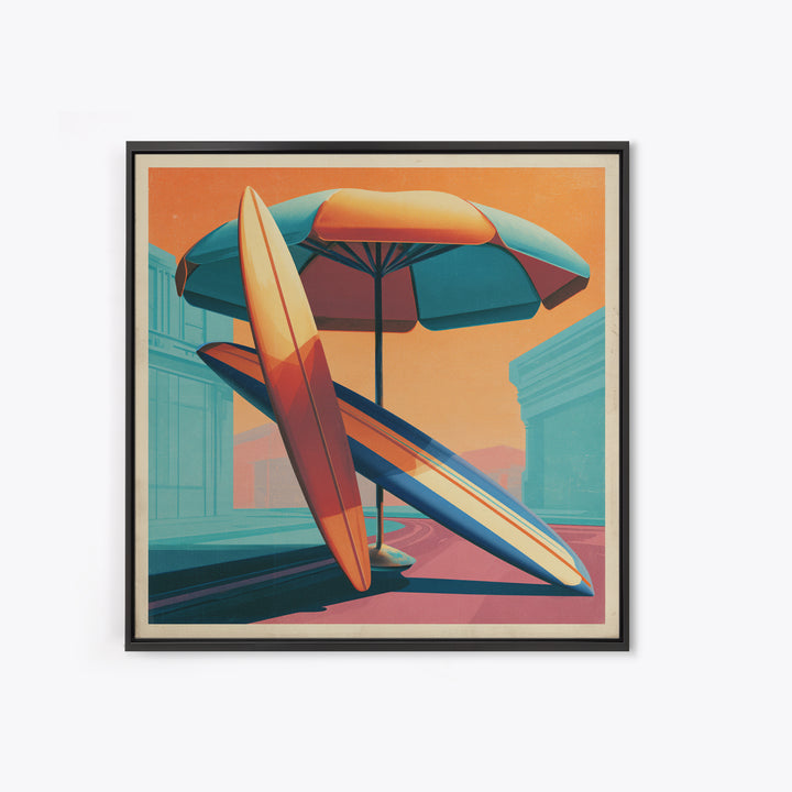 Retro Beach Umbrella and Surfboard Canvas Print, Retro Art, Printable Art, Living Room Decor, Fine Art, Retro, Funky Wall Art, RET-1x1-18