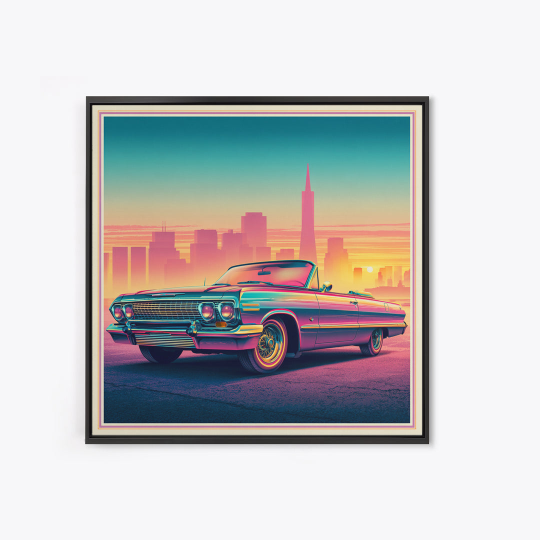 Classic Convertible at Pink Sunset Framed Canvas Print, Retro Art, Bedroom Wall Art, Living Room Decor, Watercolor Art, Retro, RET-1x1-34