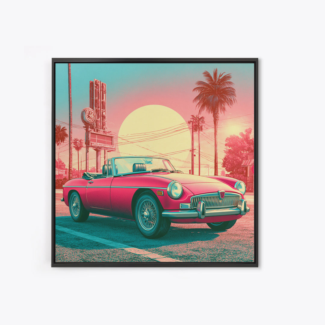 Classic Convertible at Pink Sunset Framed Canvas Print, Retro Art, Bedroom Wall Art, Living Room Decor, Watercolor Art, Retro, RET-1x1-58