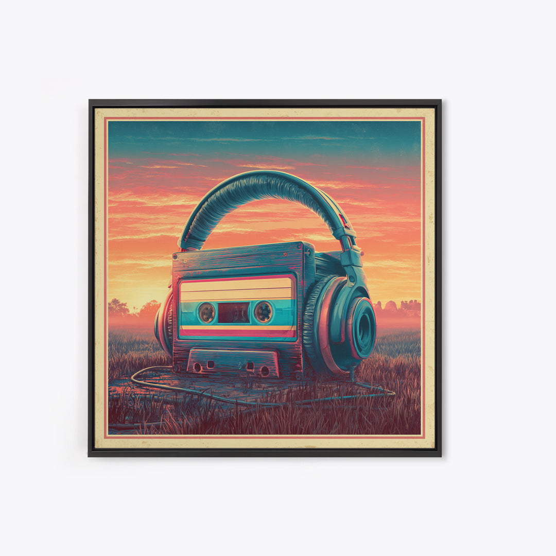 Cassette Tape and Headphones Graphic Framed Canvas Print, Retro Art, Gallery Decor, Living Room Decor, Fine Art, Retro, RET-1x1-78
