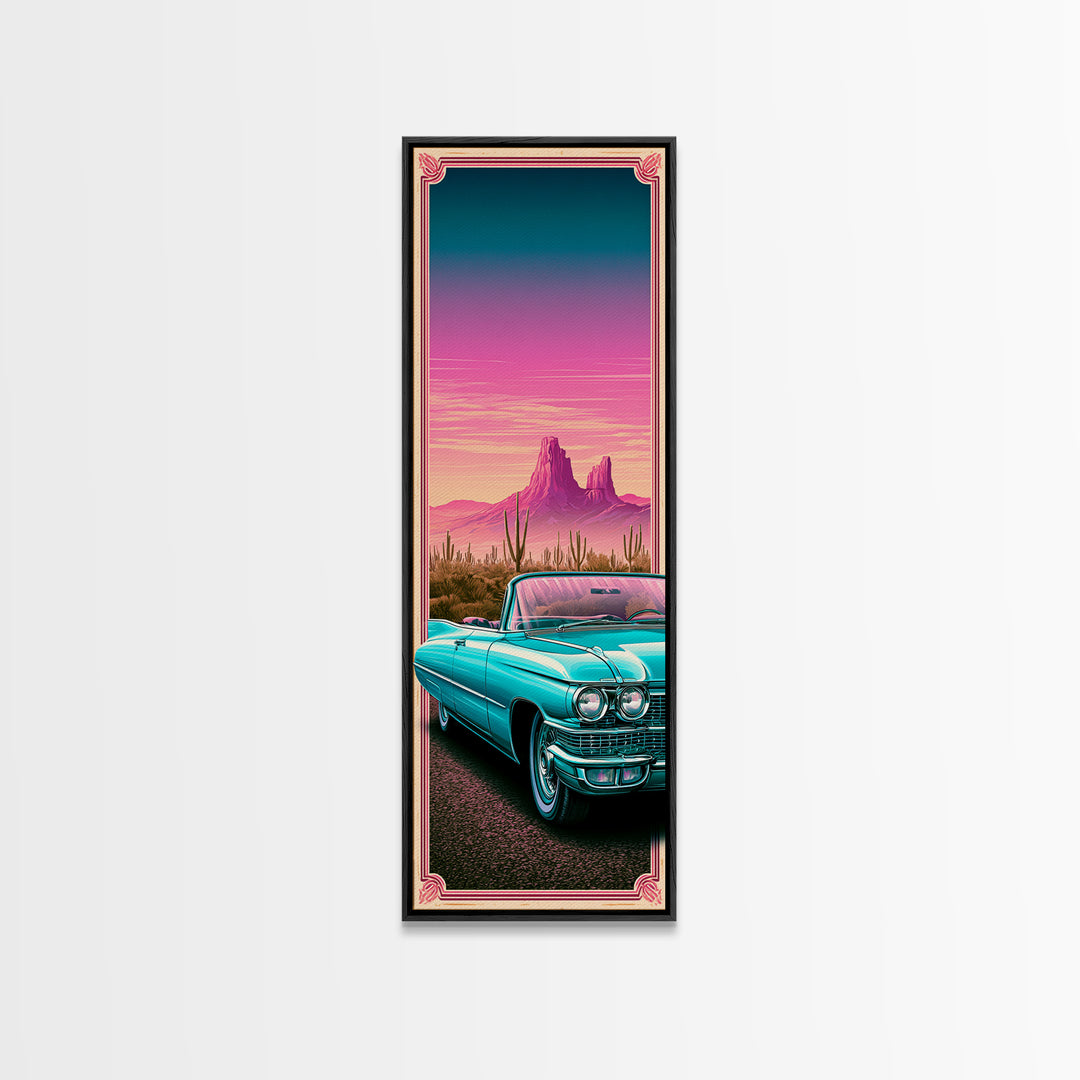 Classic Convertible at Pink Sunset Framed Canvas Print, Retro Art, Cat Art, Living Room Decor, Fine Art, Retro, RET-1x3-70