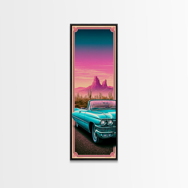Classic Convertible at Pink Sunset Framed Canvas Print, Retro Art, Cat Art, Living Room Decor, Fine Art, Retro, RET-1x3-70