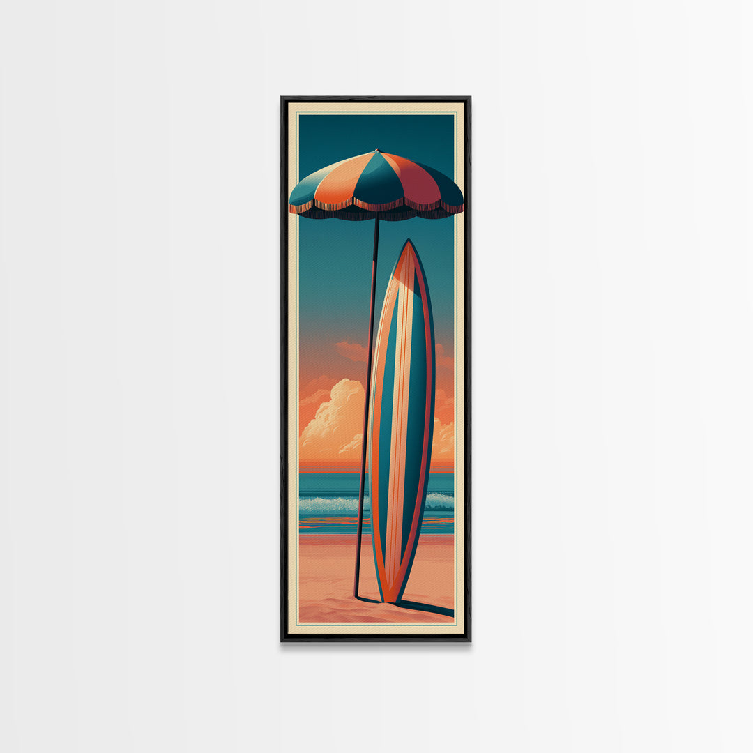 Retro Beach Umbrella and Surfboard Canvas Print, Retro Art, Floral Wall Art, Living Room Decor, Retro, Minimalist Decor, RET-1x3-78