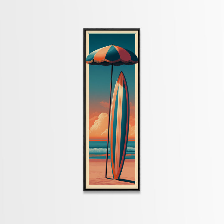 Retro Beach Umbrella and Surfboard Canvas Print, Retro Art, Floral Wall Art, Living Room Decor, Retro, Minimalist Decor, RET-1x3-78