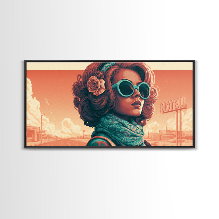 Mod Woman in Sunglasses and Scarf Framed Canvas Print, Retro Art, Minimalist Decor, Living Room Decor, Fine Art, Retro, RET-2x1-28