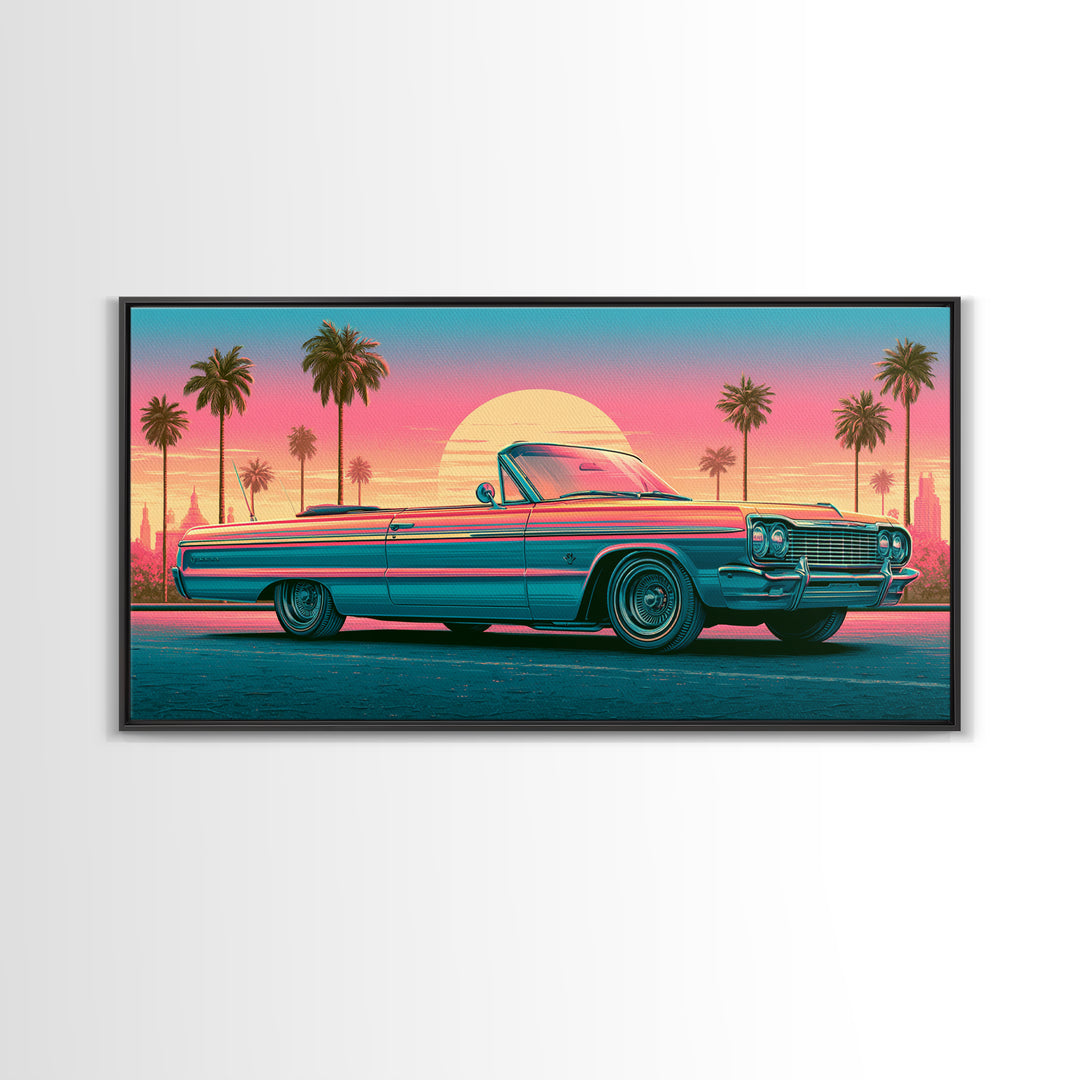 Classic Convertible at Pink Sunset Framed Canvas Print, Retro Art, Luxury Decor, Living Room Decor, Fine Art, Retro, RET-2x1-30