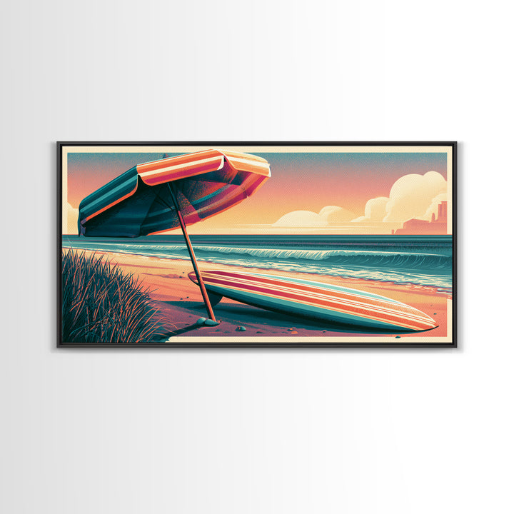 Retro Beach Umbrella and Surfboard Canvas Print, Retro Art, Room Decor, Living Room Decor, Oil Painting, Retro, Wall Art Prints, RET-2x1-62