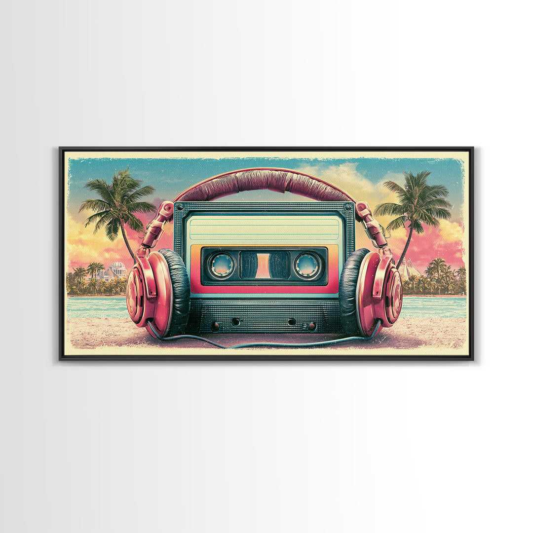 Cassette Tape and Headphones Graphic Canvas Print, Retro Art, Posters, Living Room Decor, Watercolor Art, Retro, Printable Art, RET-2x1-74
