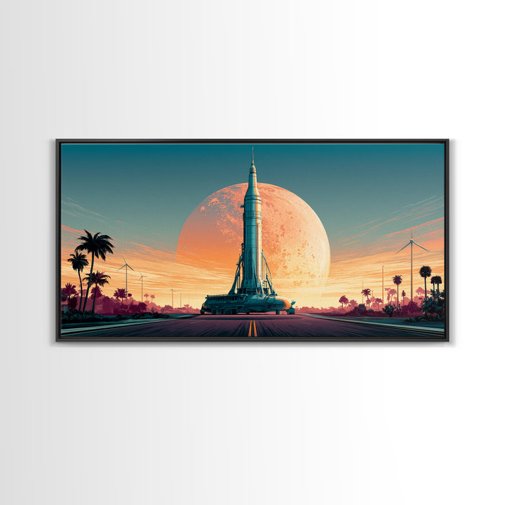 Space Age Rocket Poster Scene Framed Canvas Print, Retro Art, Boho Decor, Living Room Decor, Fine Art, Retro, Posters, RET-2x1-75
