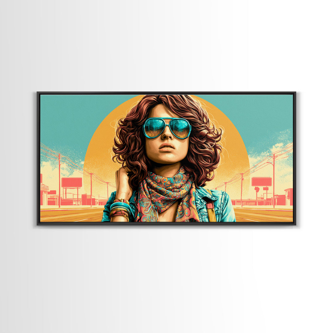 Mod Woman in Sunglasses and Scarf Canvas Print, Retro Art, Apartment Decor, Living Room Decor, Fine Art, Retro, Cat Art, RET-2x1-76