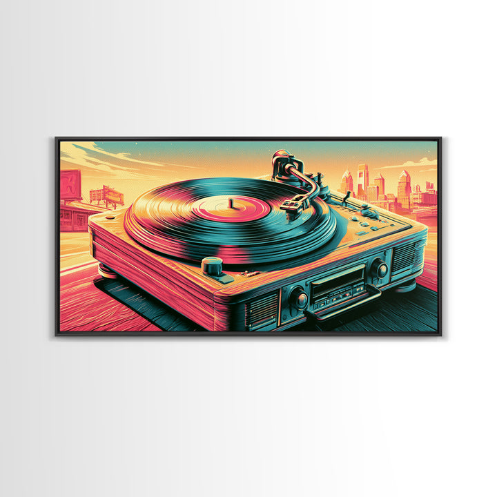 Vinyl Record Player Framed Canvas Print, Retro Art, Printable Art, Living Room Decor, Fine Art, Retro, Funky Wall Art, RET-2x1-80