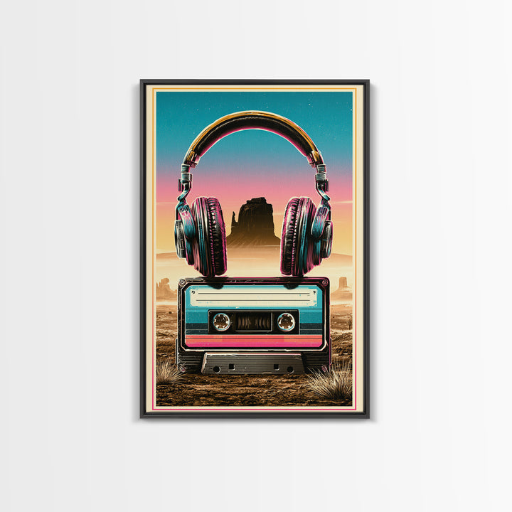 Cassette Tape and Headphones Graphic Canvas Print, Retro Art, Art Print, Living Room Decor, Oil Painting, Retro, RET-2x3-14