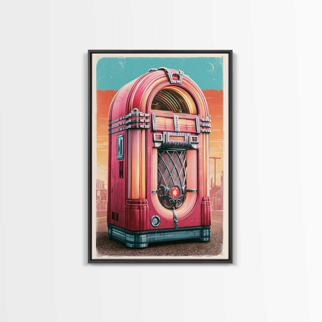 Jukebox Glowing in Red and Chrome Framed Canvas Print, Retro Art, Art Nouveau, Living Room Decor, Retro, Bedroom Wall Art, RET-2x3-28