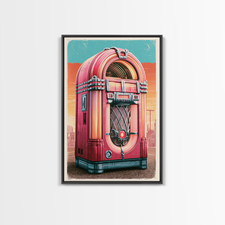 Jukebox Glowing in Red and Chrome Framed Canvas Print, Retro Art, Art Nouveau, Living Room Decor, Retro, Bedroom Wall Art, RET-2x3-28