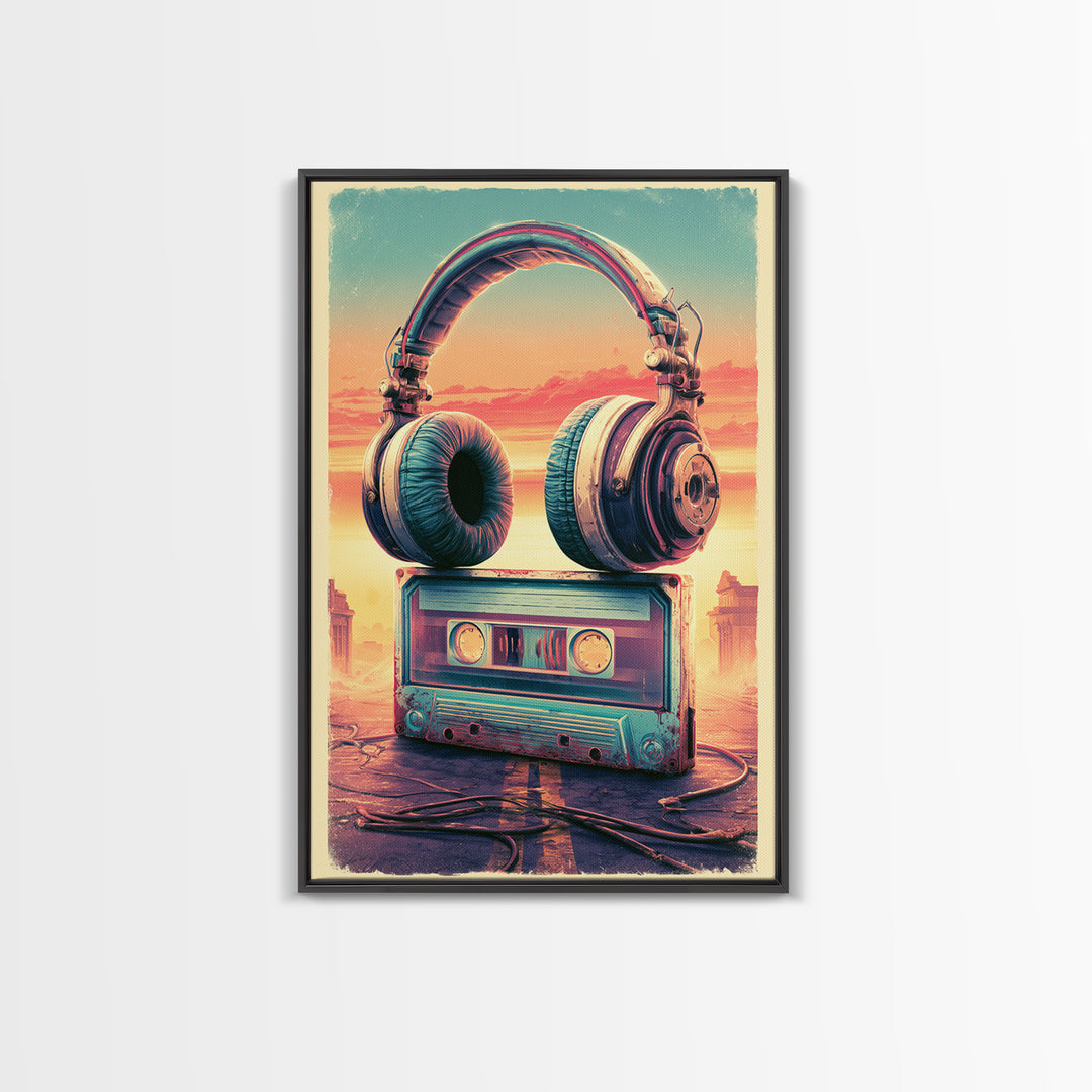 Cassette Tape and Headphones Graphic Framed Canvas Print, Retro Art, Wall Art, Living Room Decor, Fine Art, Retro, Original Art, RET-2x3-38