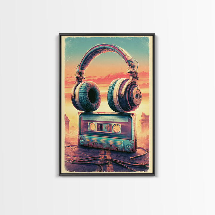 Cassette Tape and Headphones Graphic Framed Canvas Print, Retro Art, Wall Art, Living Room Decor, Fine Art, Retro, Original Art, RET-2x3-38