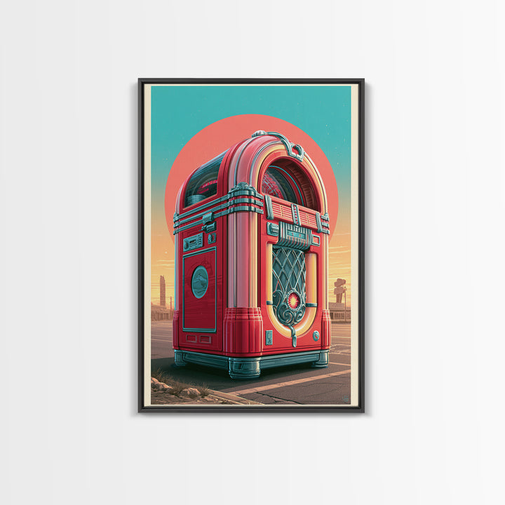 Jukebox Glowing in Red and Chrome Framed Canvas Print, Retro Art, Apartment Decor, Living Room Decor, Fine Art, Retro, RET-2x3-76