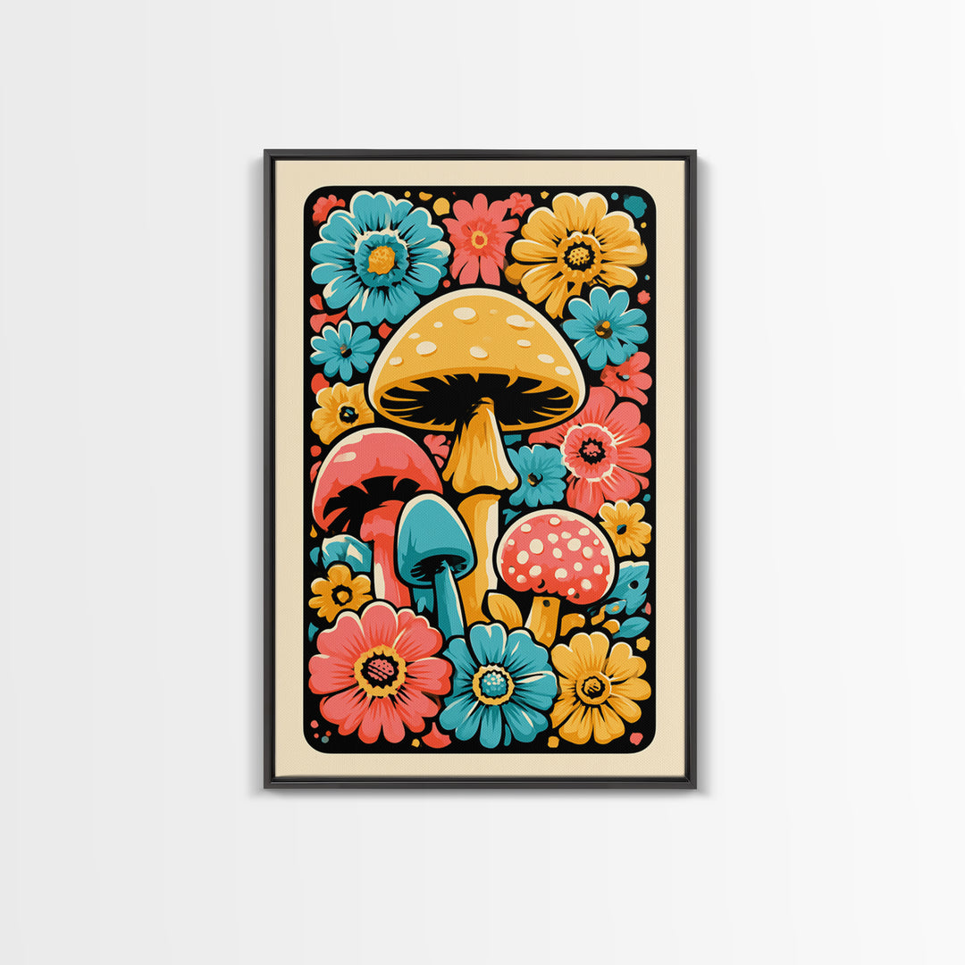 Funky Mushroom and Flower Pattern Canvas Print, Retro Art, Poster, Living Room Decor, Watercolor Art, Retro, Abstract Art, RET-2x3-79