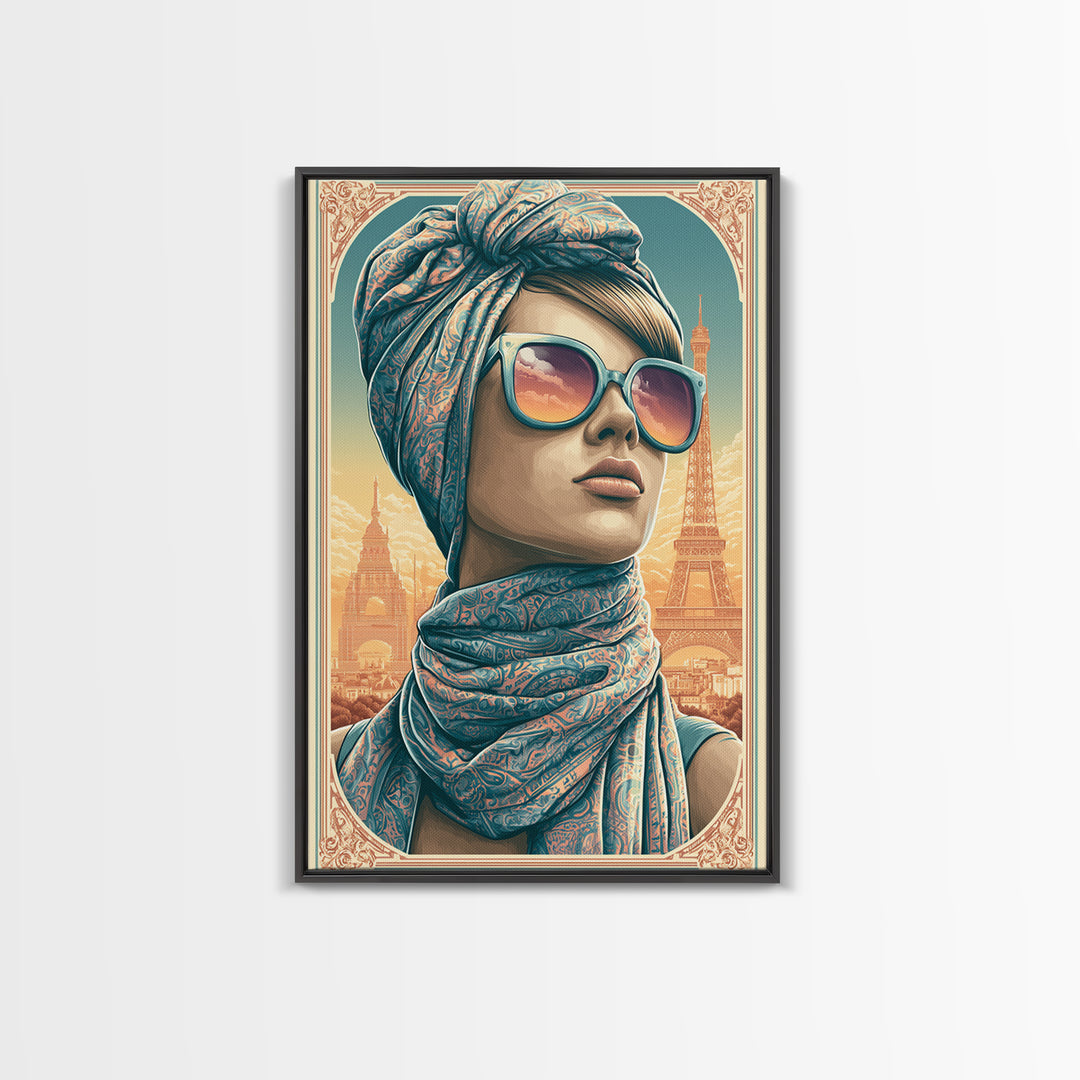Mod Woman in Sunglasses and Scarf Framed Canvas Print, Retro Art, Printable Wall Art, Living Room Decor, Fine Art, Retro, RET-2x3-88