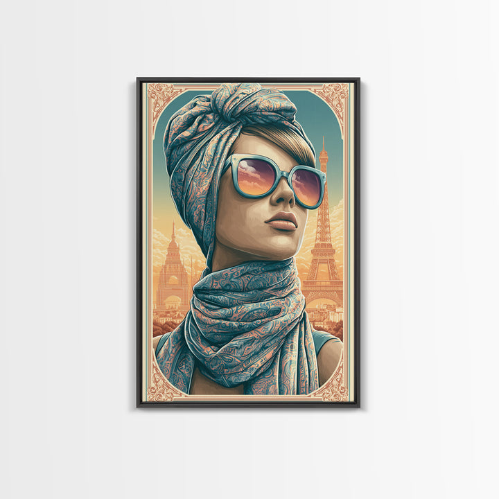 Mod Woman in Sunglasses and Scarf Framed Canvas Print, Retro Art, Printable Wall Art, Living Room Decor, Fine Art, Retro, RET-2x3-88