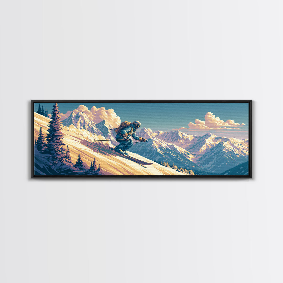 Retro Ski Poster Mountain Scene Canvas Print, Retro Art, Abstract Wall Art, Living Room Decor, Watercolor Art, Retro, RET-3x1-16