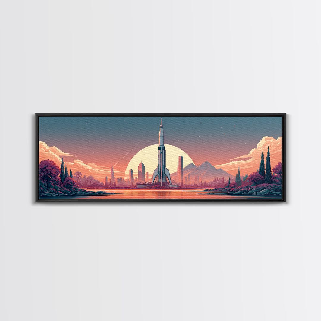 Space Age Rocket Poster Scene Framed Canvas Print, Retro Art, Wall Decor, Living Room Decor, Fine Art, Retro, Apartment Decor, RET-3x1-47