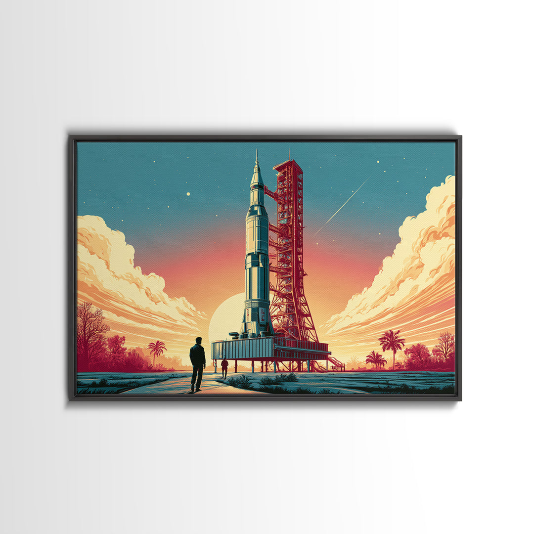 Space Age Rocket Poster Scene Framed Canvas Print, Retro Art, Art Print, Living Room Decor, Fine Art, Retro, Printable Wall Art, RET-3x2-59