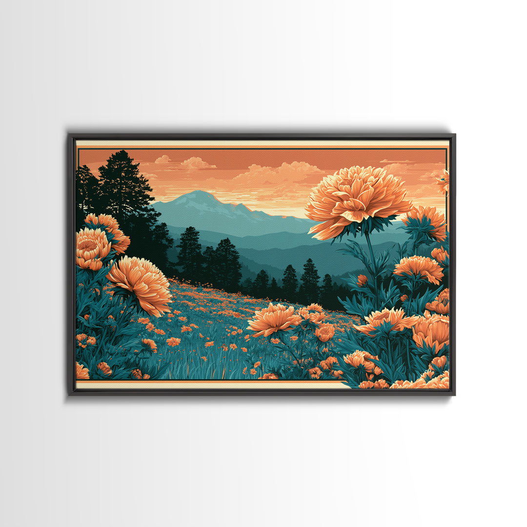 Retro Floral Pattern Framed Canvas Print, Retro Art, Movie Poster, Living Room Decor, Oil Painting, Retro, Wall Art Print, RET-3x2-63