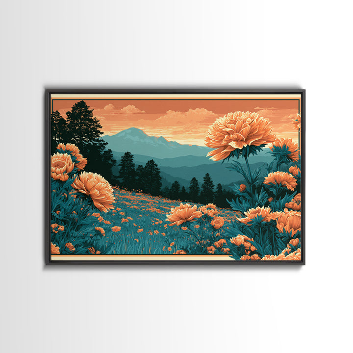 Retro Floral Pattern Framed Canvas Print, Retro Art, Movie Poster, Living Room Decor, Oil Painting, Retro, Wall Art Print, RET-3x2-63