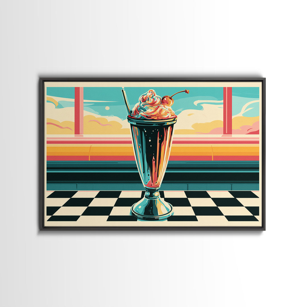 1950s Diner Milkshake Framed Canvas Print, Retro Art, Gallery Decor, Living Room Decor, Fine Art, Retro, Contemporary Art, RET-3x2-77