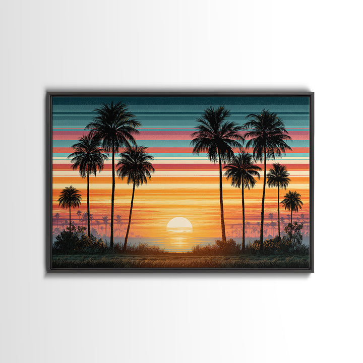 70s Sunset Stripes Framed Canvas Print, Retro Art, Bedroom Wall Art, Living Room Decor, Watercolor Art, Retro, Art Print, RET-3x2-79