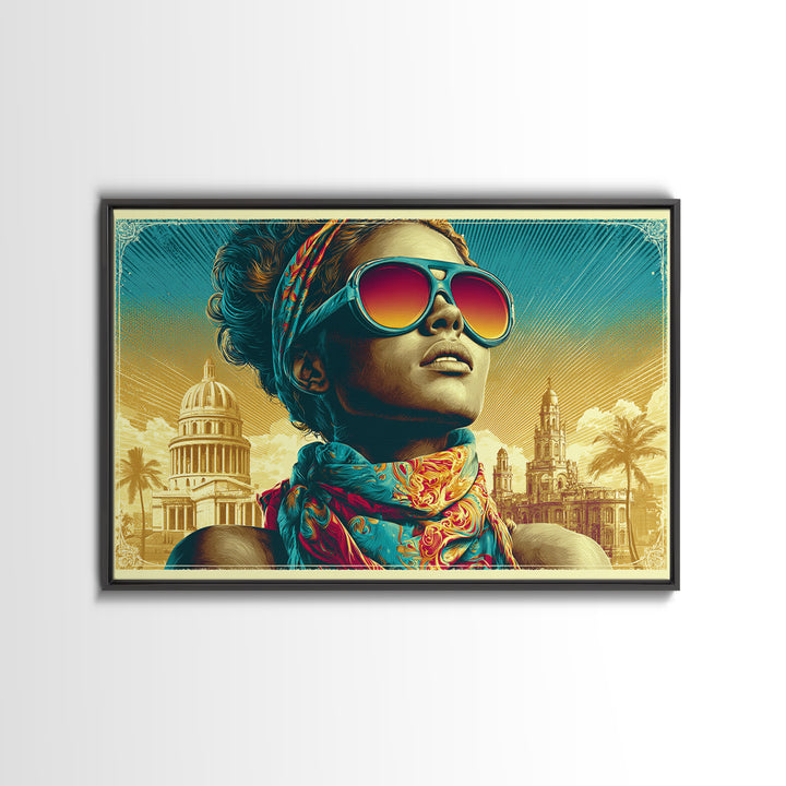 Mod Woman in Sunglasses and Scarf Canvas Print, Retro Art, Boho Decor, Living Room Decor, Retro, Posters, Digital Prints, RET-3x2-84