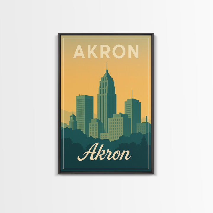 Akron Ohio Travel Poster, Canvas Print, Retro Sunset Skyline Art, Akron Travel Art, Fine Art Print, Mid Century Wall Art, Travel Decor