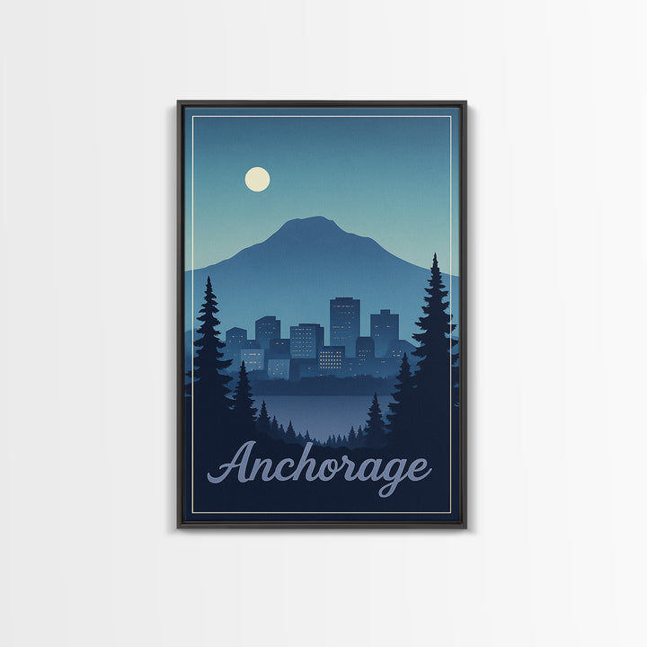 Anchorage Travel Poster, Framed Canvas Print, Retro Sunset Skyline Art, Anchorage City Art, Travel Poster Art, Travel Wall Decor