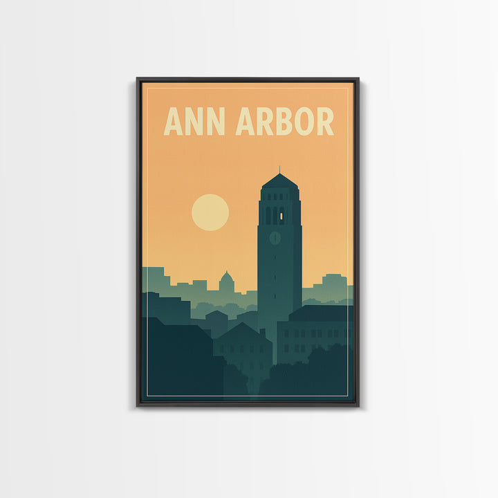 Ann Arbor Travel Poster, Framed Canvas Print, Retro Sunset Skyline Art, Ann Arbor Art Print, Travel Wall Art, City Art Print, Home Decor