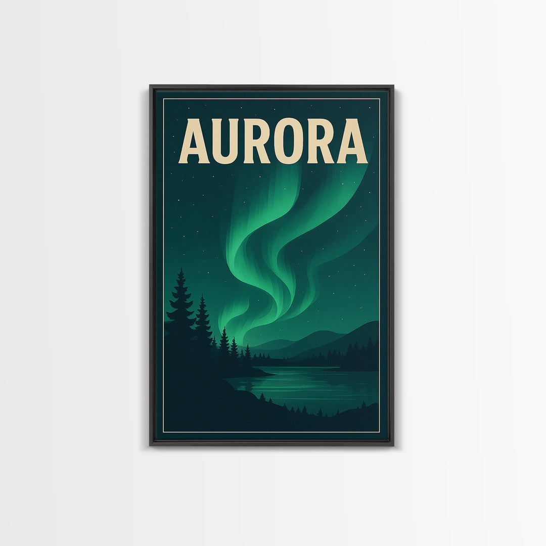 Aurora Travel Poster, Framed Canvas Print, Retro Sunset Skyline Art, Aurora Art Print, City Illustration, Vintage City Poster, Design 2