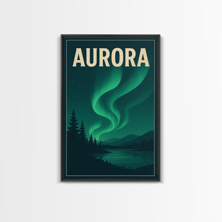 Aurora Travel Poster, Framed Canvas Print, Retro Sunset Skyline Art, Aurora Art Print, City Illustration, Vintage City Poster, Design 2