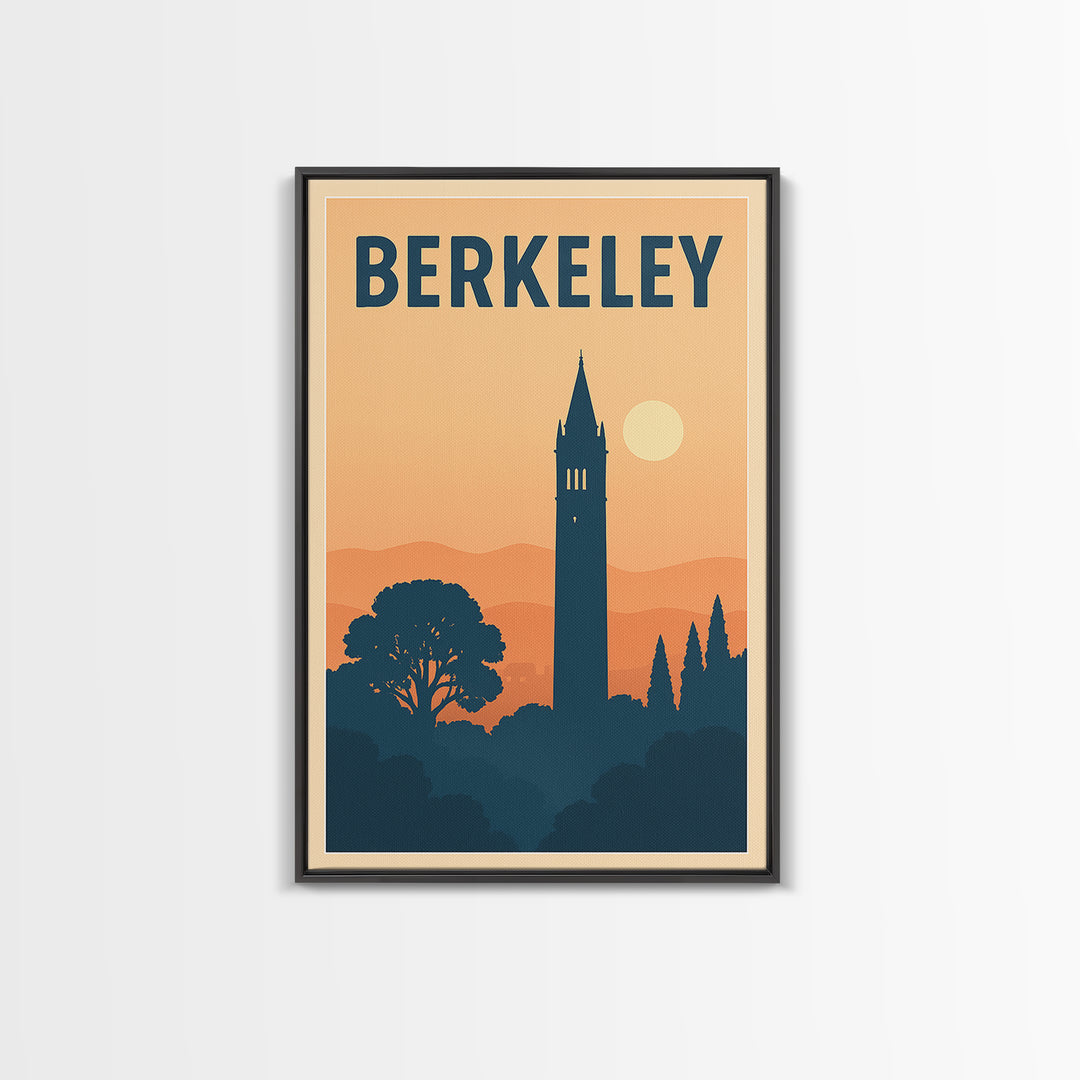 Berkeley Travel Poster, Framed Canvas Print, Retro Sunset Skyline Art, Berkeley Poster Print, Travel Wall Decor, Watercolor Urban Skyline