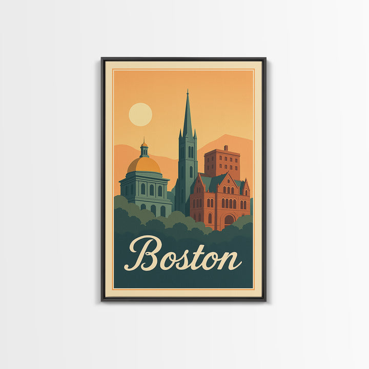 Boston Massachusetts Travel Poster, Framed Canvas Print, Retro Sunset Skyline Art, Boston Art Print, Mid Century Wall Art, City Illustration