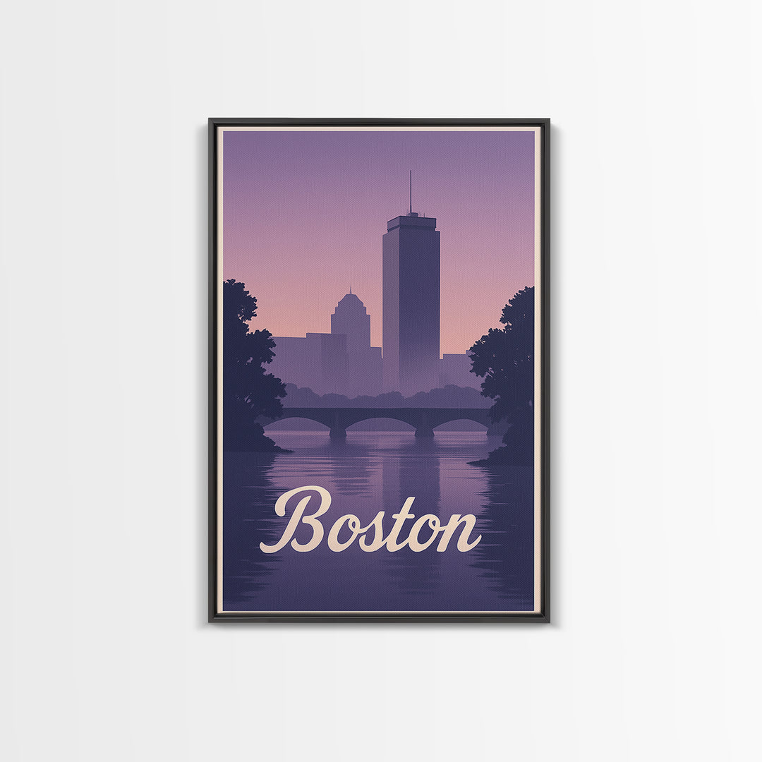 Boston Travel Poster, Canvas Print, Retro Sunset Skyline Art, Boston Travel Art, Living Room Wall Art, Vintage Travel Print, Travel Gift