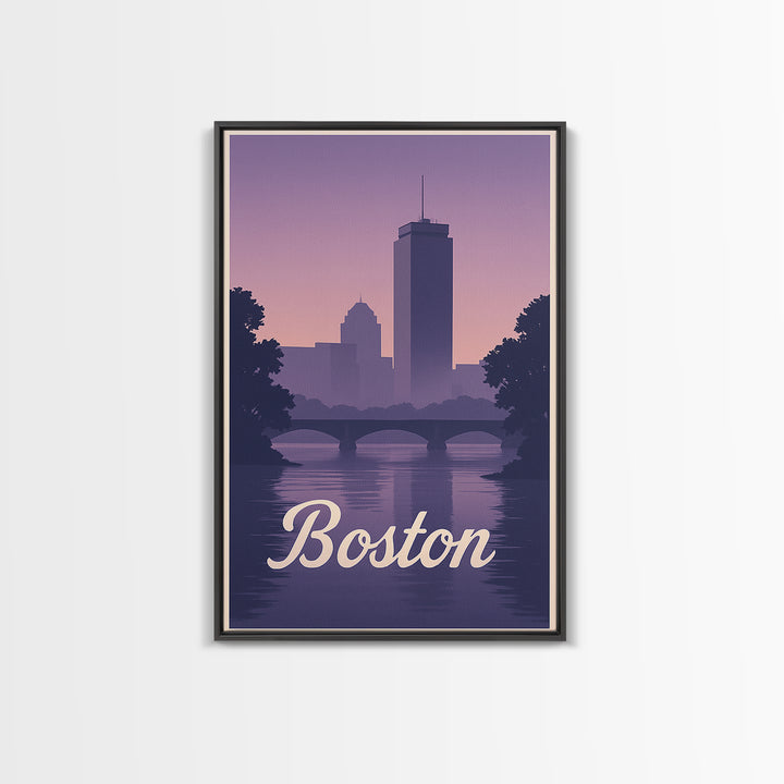 Boston Travel Poster, Canvas Print, Retro Sunset Skyline Art, Boston Travel Art, Living Room Wall Art, Vintage Travel Print, Travel Gift