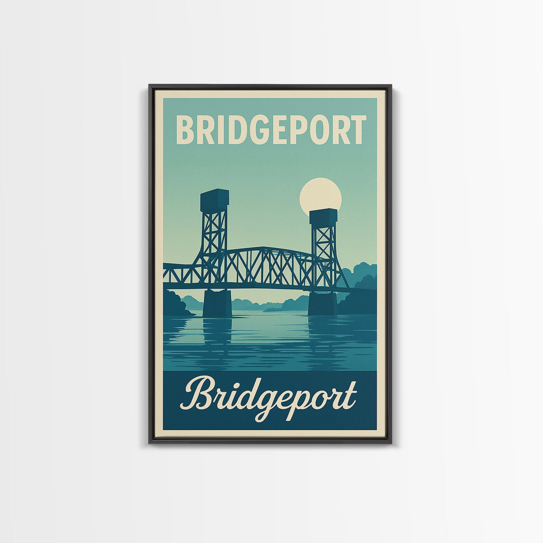 Bridgeport Connecticut Travel Poster, Canvas Print, Retro Sunset Skyline Art, Bridgeport Wall Art, City Travel Prints, Travel Poster Art