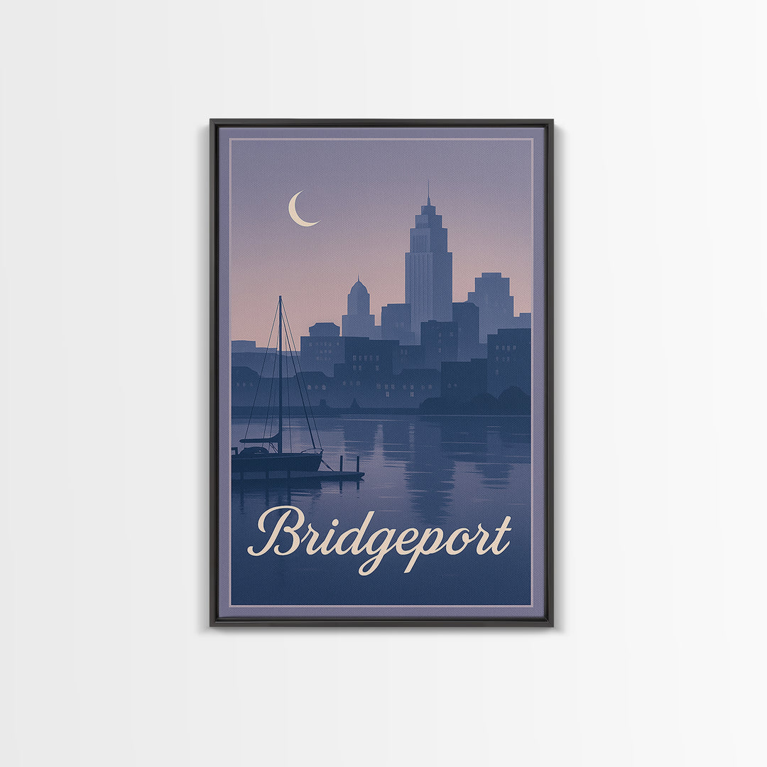 Bridgeport Travel Poster, Framed Canvas Print, Mid Century City Wall Art, Bridgeport City Art, Wanderlust Decor, Retro Travel Print
