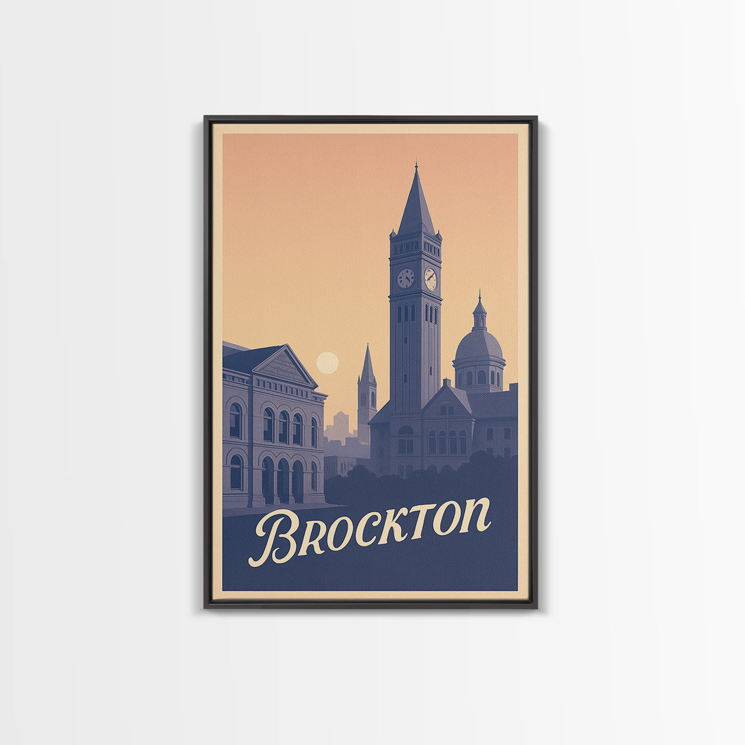 Brockton Travel Poster, Framed Canvas Print, Classic Travel Poster Art, Brockton Wall Art, Watercolor Urban Skyline, Fine Art Print