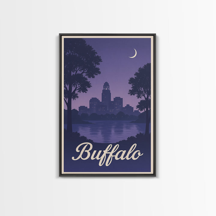 Buffalo Travel Poster, Framed Canvas Print, Retro Sunset Skyline Art, Buffalo Travel Art, City Illustration, Travel Art Print, Design 2