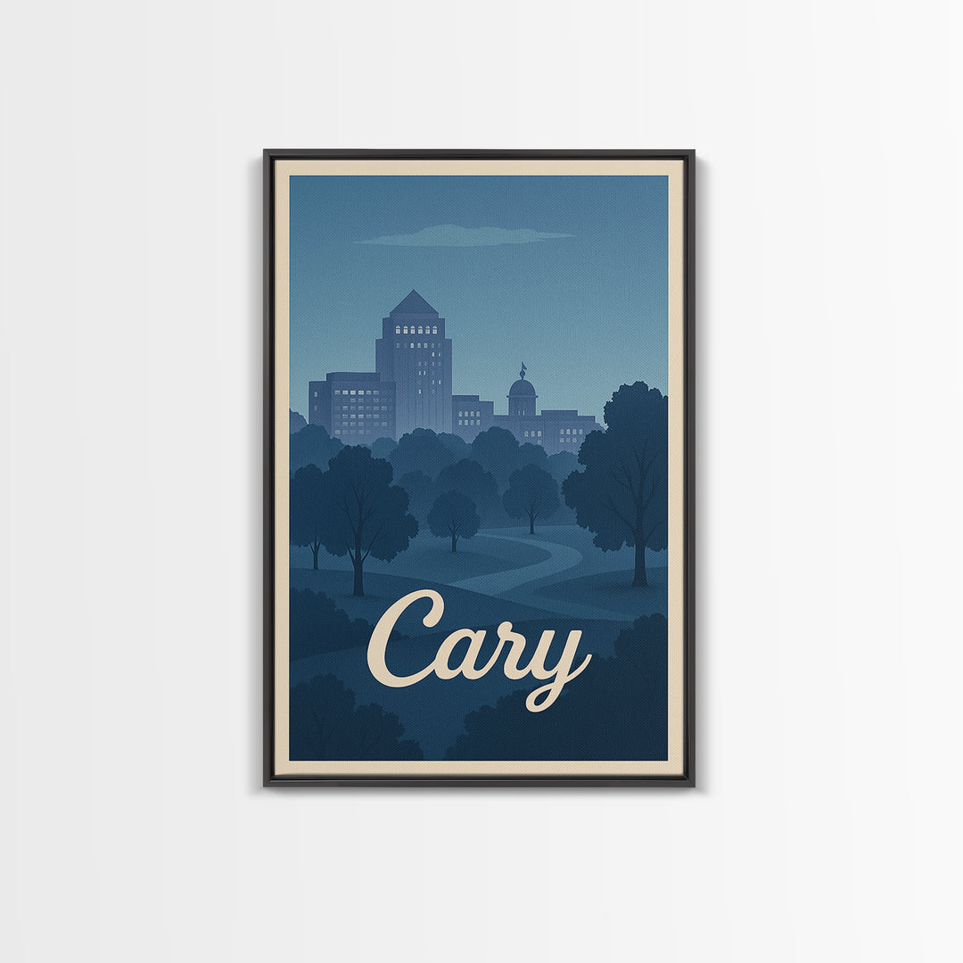 Cary Travel Poster, Framed Canvas Print, Mid Century City Wall Art, Cary Wall Art, Vintage Travel Print, Vintage City Art, City Poster