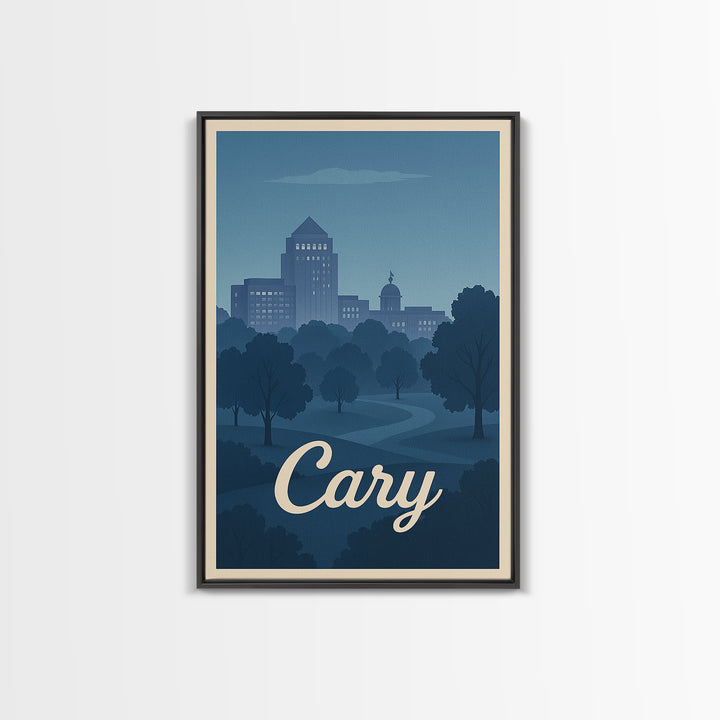 Cary Travel Poster, Framed Canvas Print, Mid Century City Wall Art, Cary Wall Art, Vintage Travel Print, Vintage City Art, City Poster