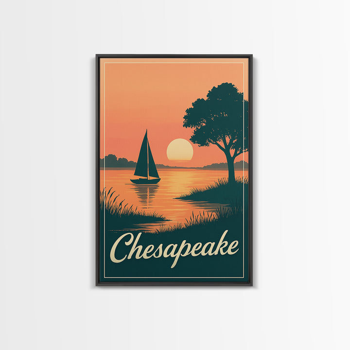 Chesapeake Virginia Travel Poster, Canvas Print, Retro Sunset Skyline Art, Chesapeake Poster Print, Vintage Travel Print, Travel Wall Art